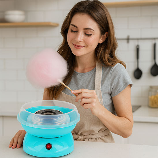 madame fait barbe a papa cuisine avec machine barbe a papa bleue