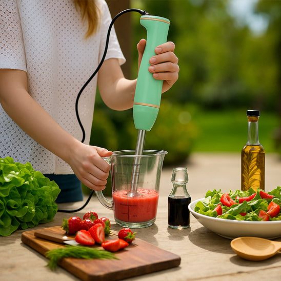 maman prepare salade fraise avec mixeur plongeant cuisine