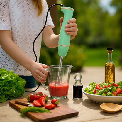 maman prepare salade fraise avec mixeur plongeant cuisine
