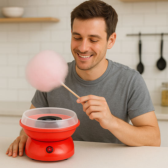 monsieur fait barbe a papa dans lcuisine avec machine barbe a papa rouge