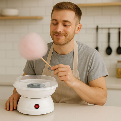 papa fait barbe a papa dans la cuisine avec machine barbe a papa blanche