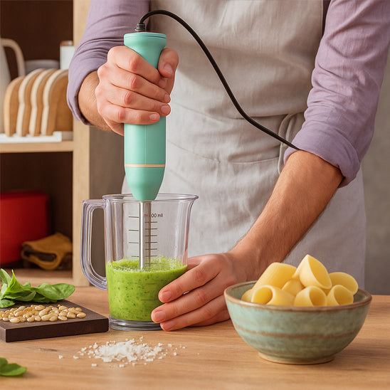 pere prepare sauce verte cuisine avec mixeur plongeant